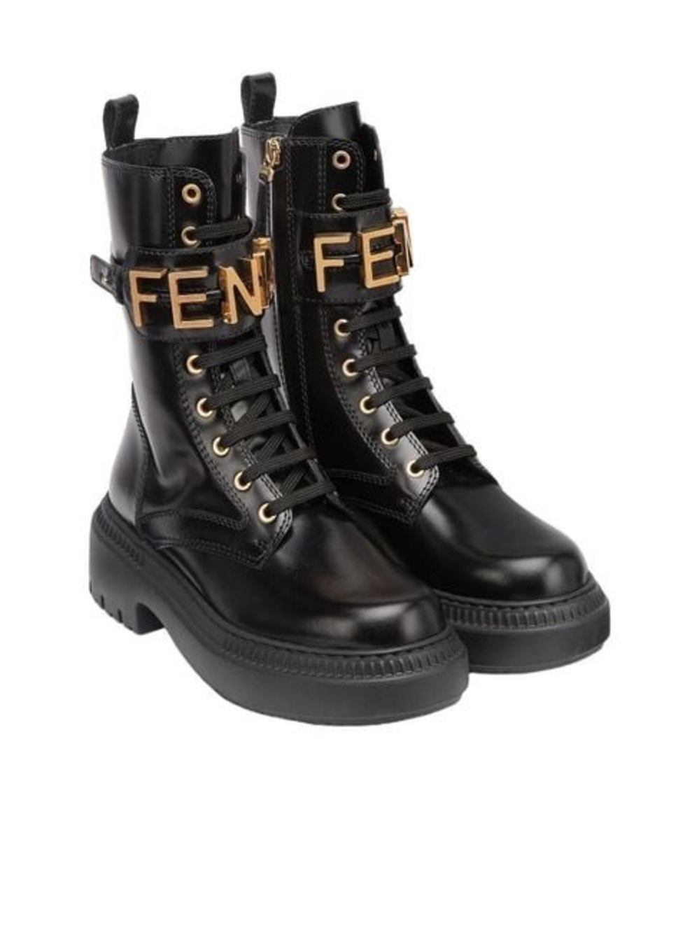 Fendi Black Leather Combat Boots with Gold Logo Buckle